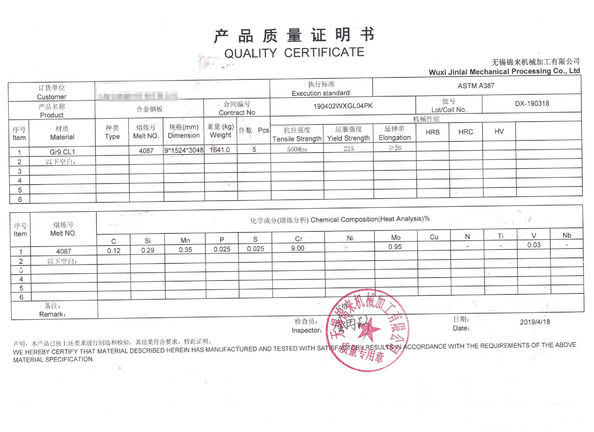 China Wuxi Jinlai Mechanical Processing Co., Ltd. certification
