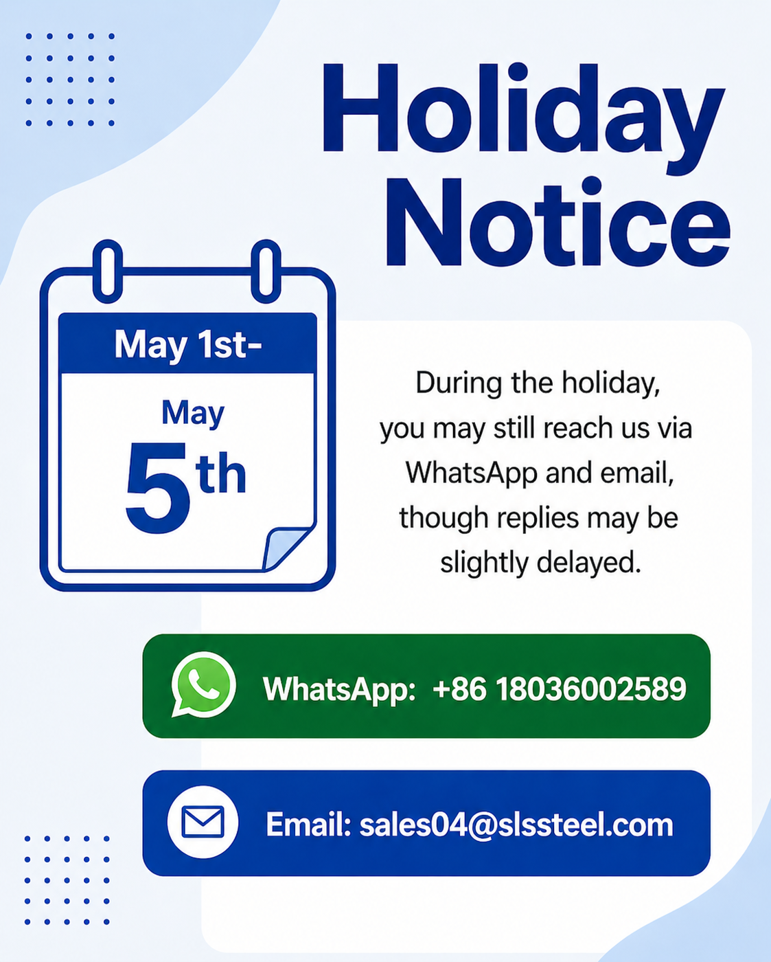 Latest company blogs about 2026 Labor Day Holiday Notice | Wuxi Sylaith Special Steel Ensures Stable Global Supply